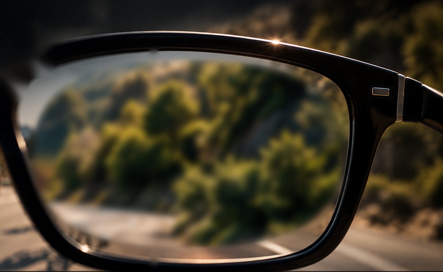 Looking through black glasses at a mountain road with cyclists, blurred without correction