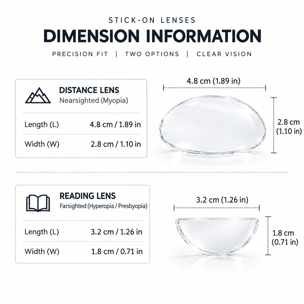 Lens dimensions: distance 4.8 × 2.8 cm, reading 3.2 × 1.8 cm