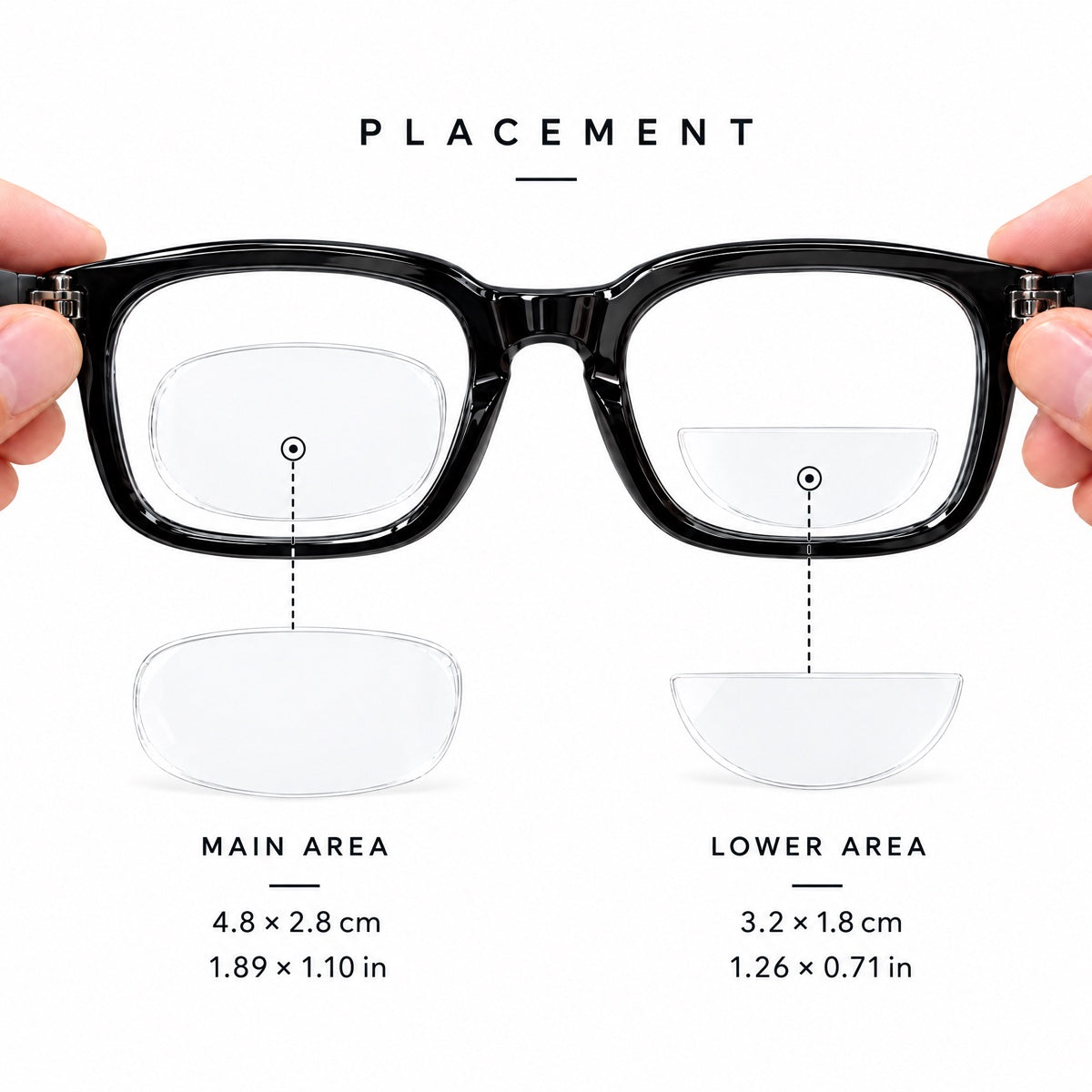 Placement guide: distance lens in the main area, reading lens in the lower area