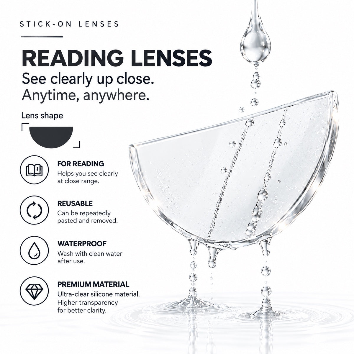 EagleFlip half-moon reading lens with water droplets